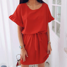 Load image into Gallery viewer, simple casual summer dress women loose ruffles sashes round neck mini dress female solid plus size short dresses ladies XXL