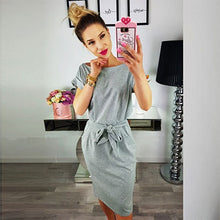 Load image into Gallery viewer, Solid O-neck Short Sleeves Lacing Dresses Women Casual Pockets Simple Dress Summer Ladies Fashion Breathable Dress Vestidos New